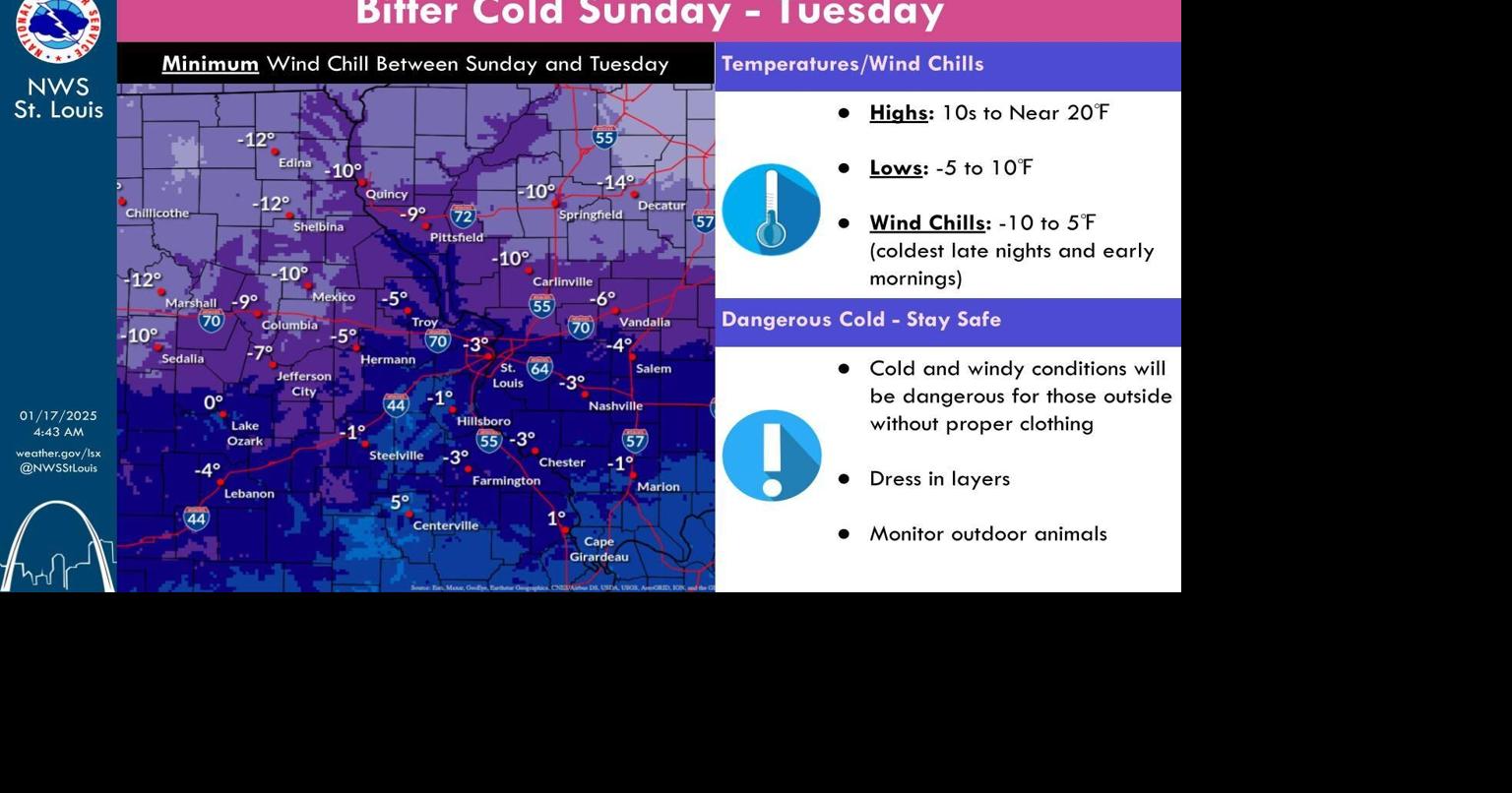 Bitterly cold temperatures will envelop most of Missouri this Sunday ...