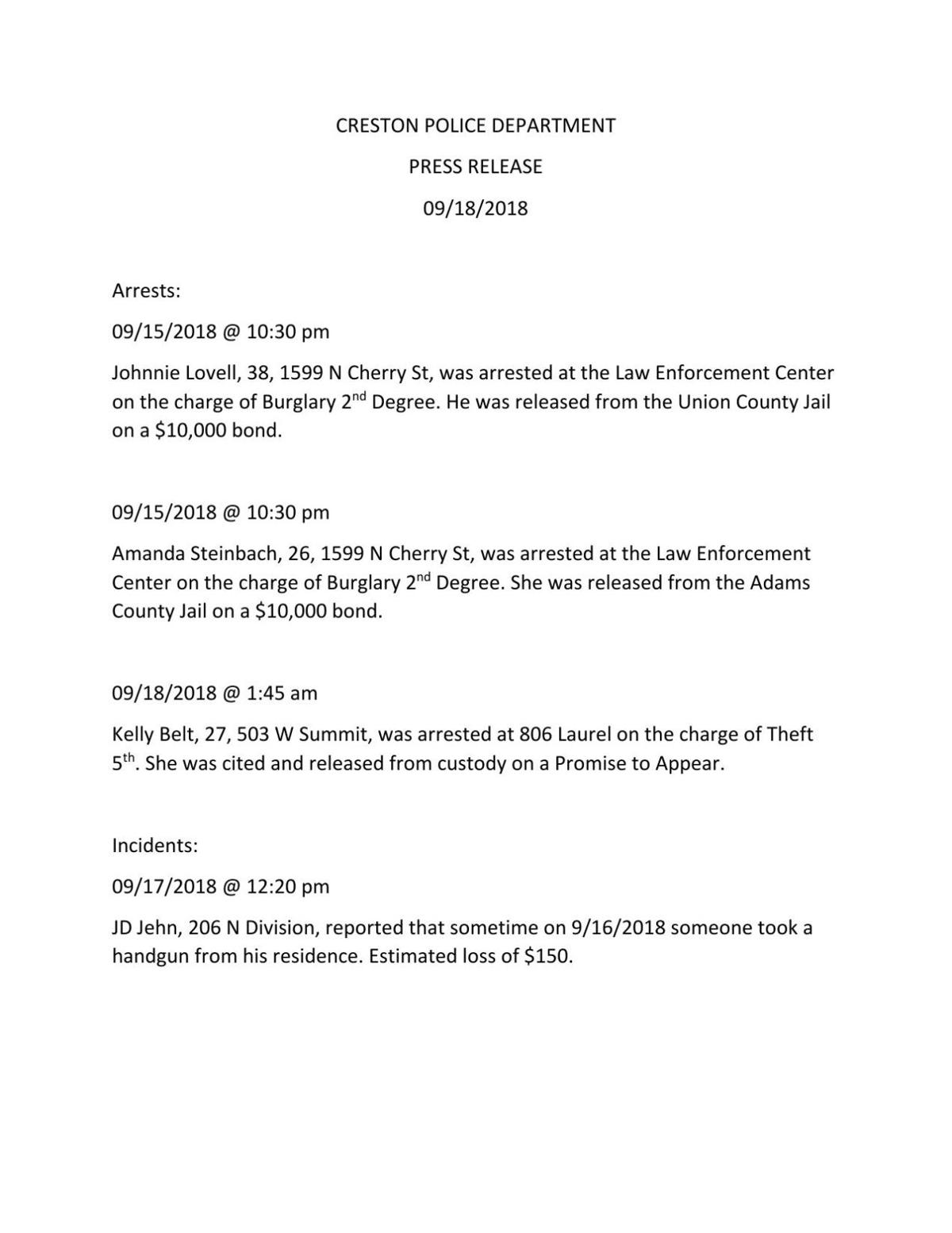 Arrests reported in Creston burglary investigation News