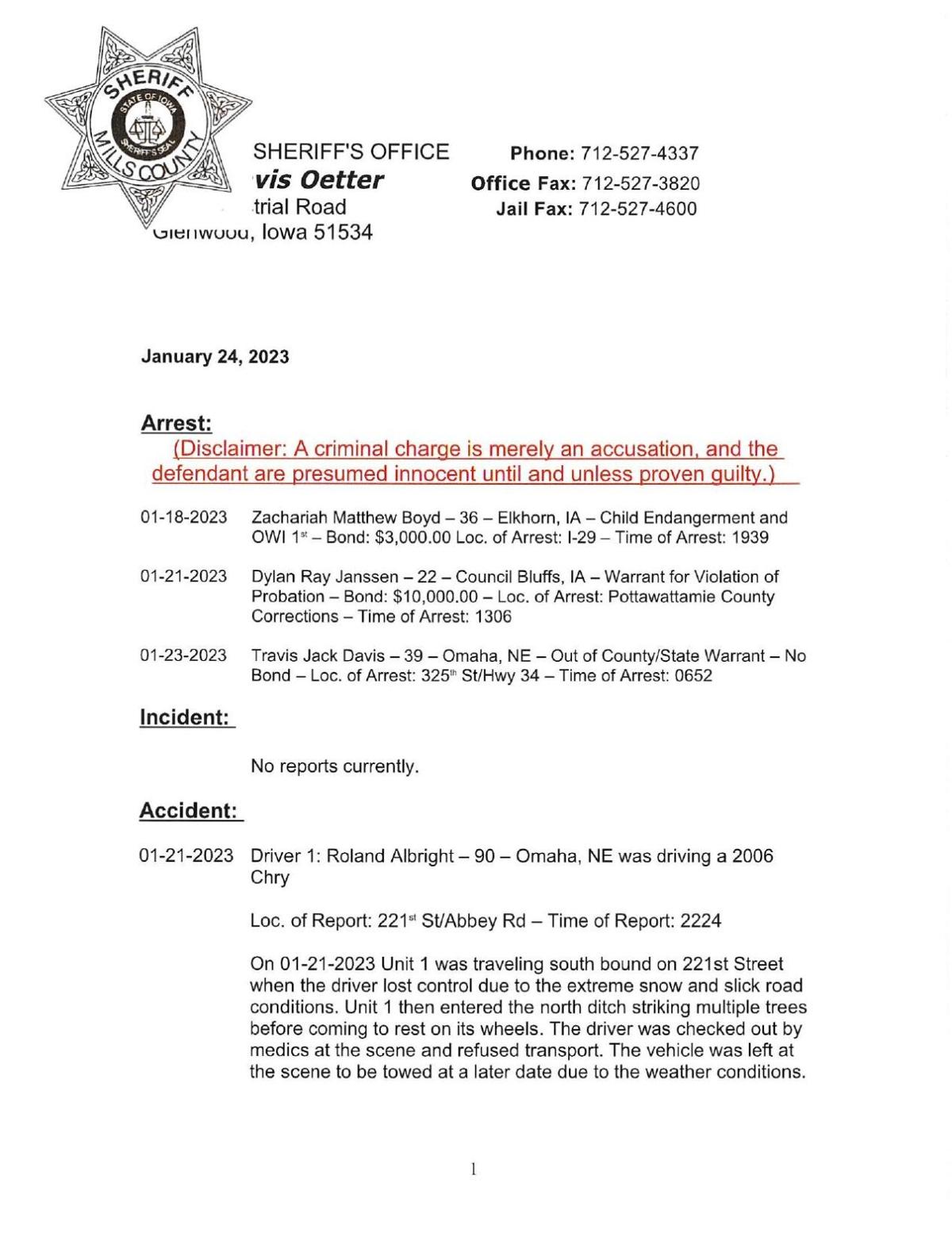 Mills County Sheriff's blotter News