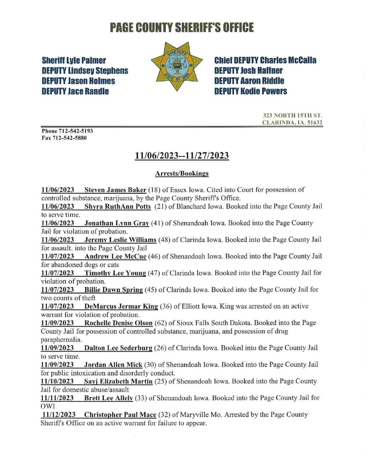 Page County sheriff's blotter News