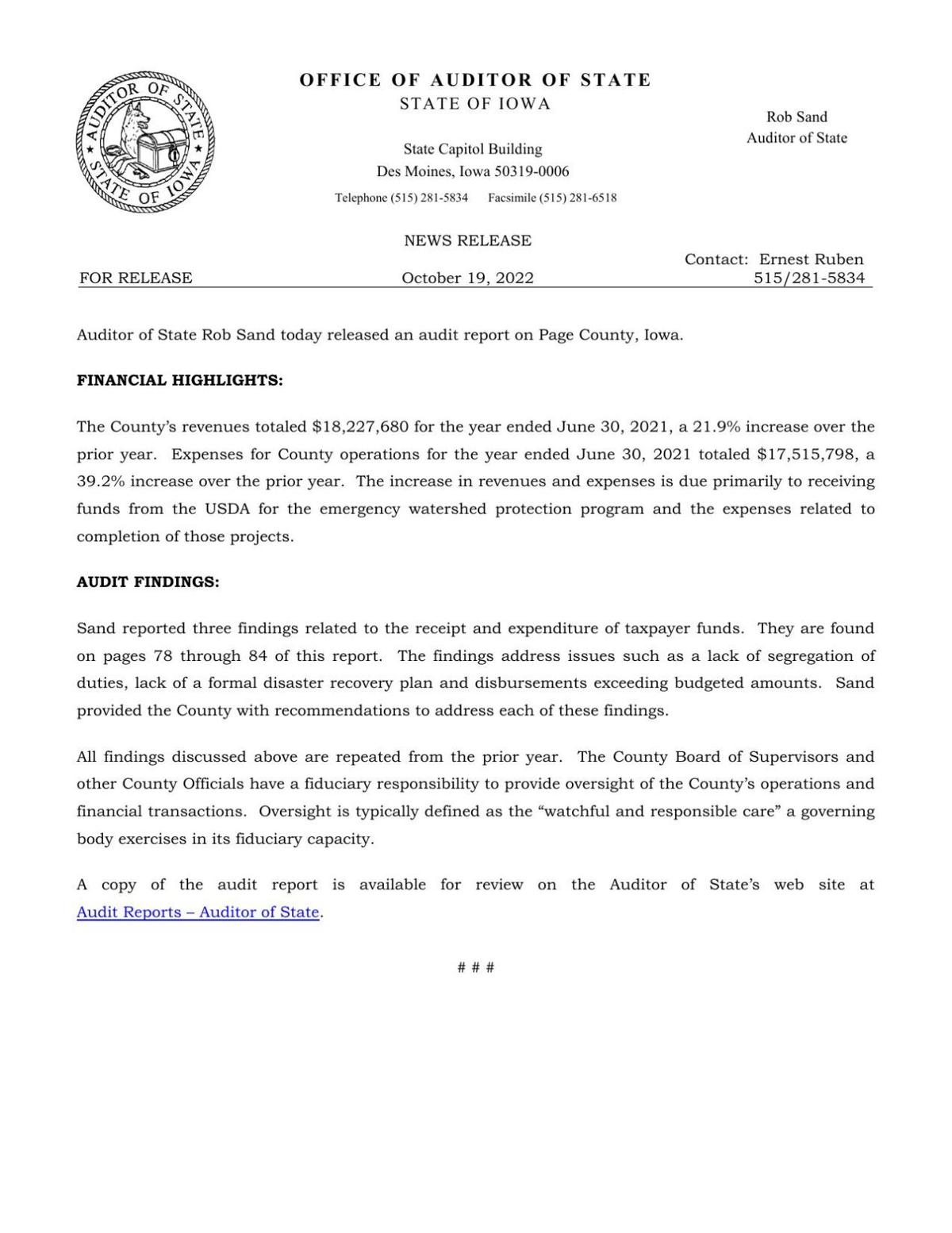 State Auditor releases annual report for Page County News