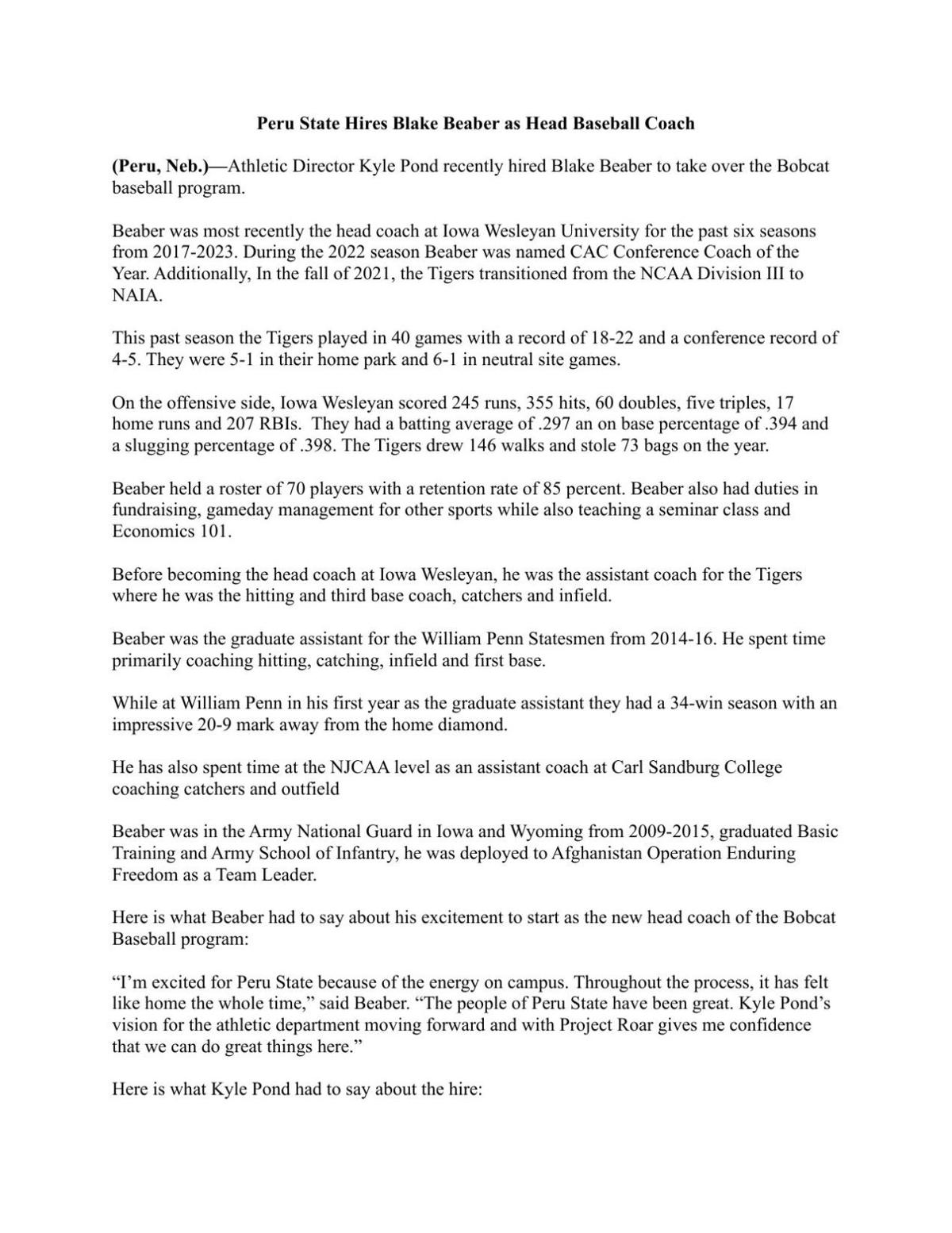 Peru State hires Beaber as head baseball coach Sports