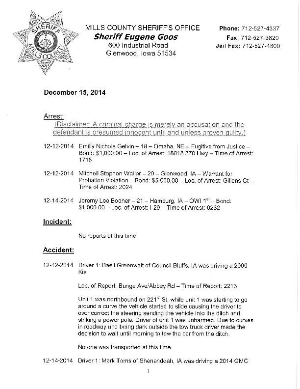 Mills County Sheriff's blotter News
