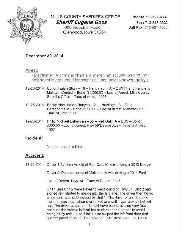 Mills County Police Blotter News