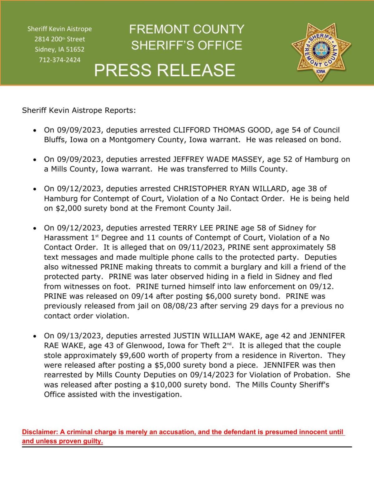 Fremont County reports major arrests | News | kmaland.com
