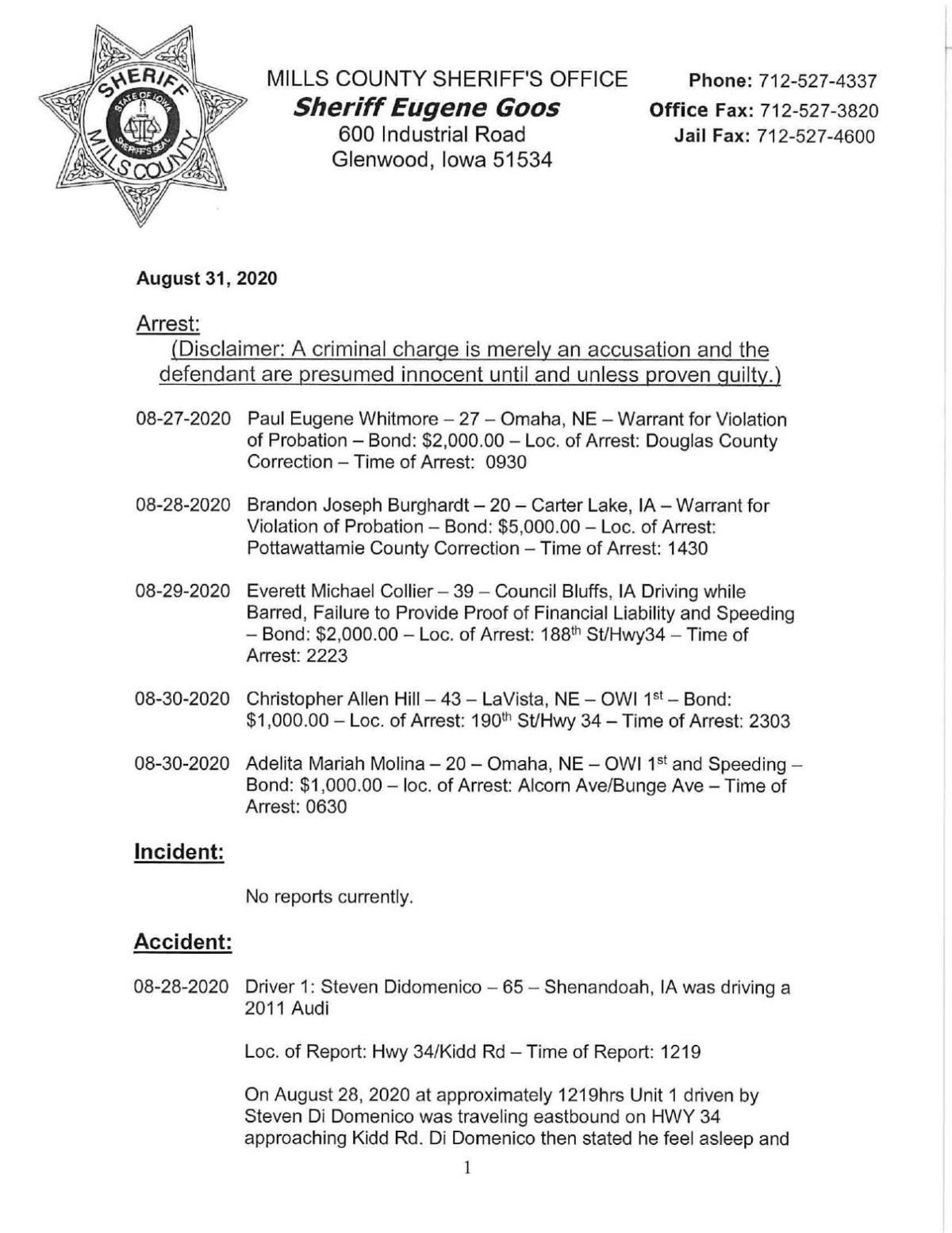 Mills County Sheriff's blotter News