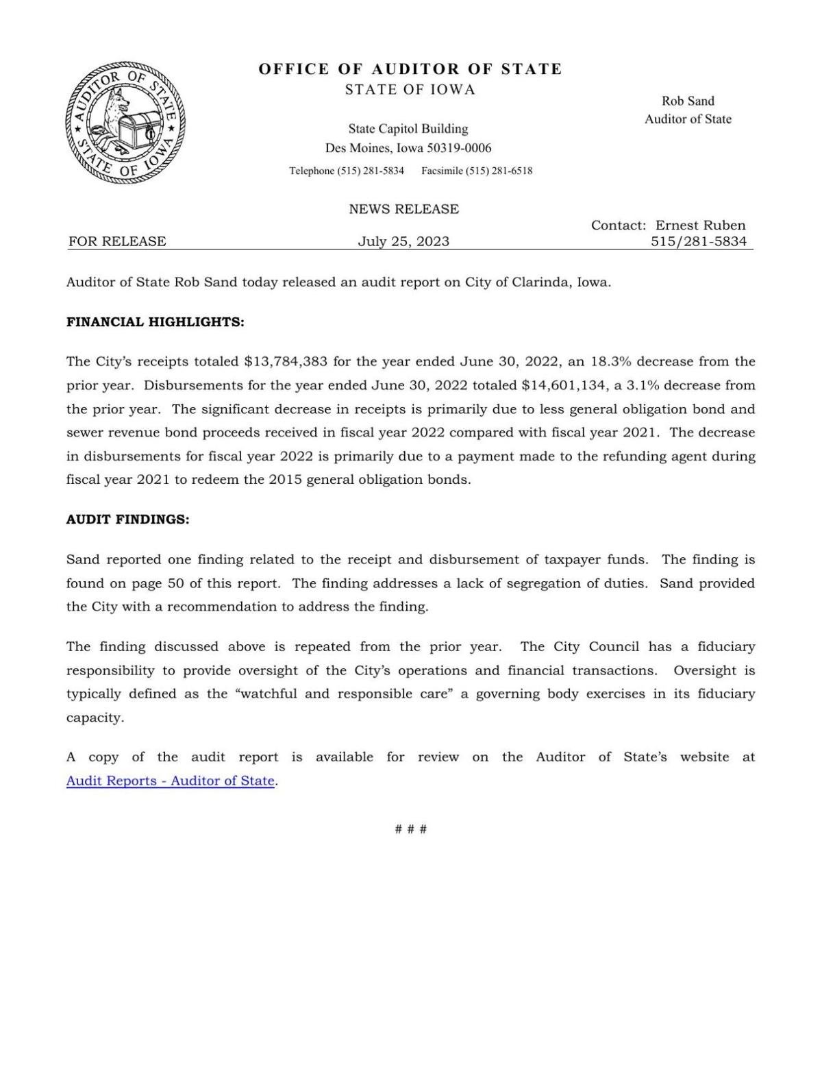 Sand releases annual audit report on city of Clarinda News
