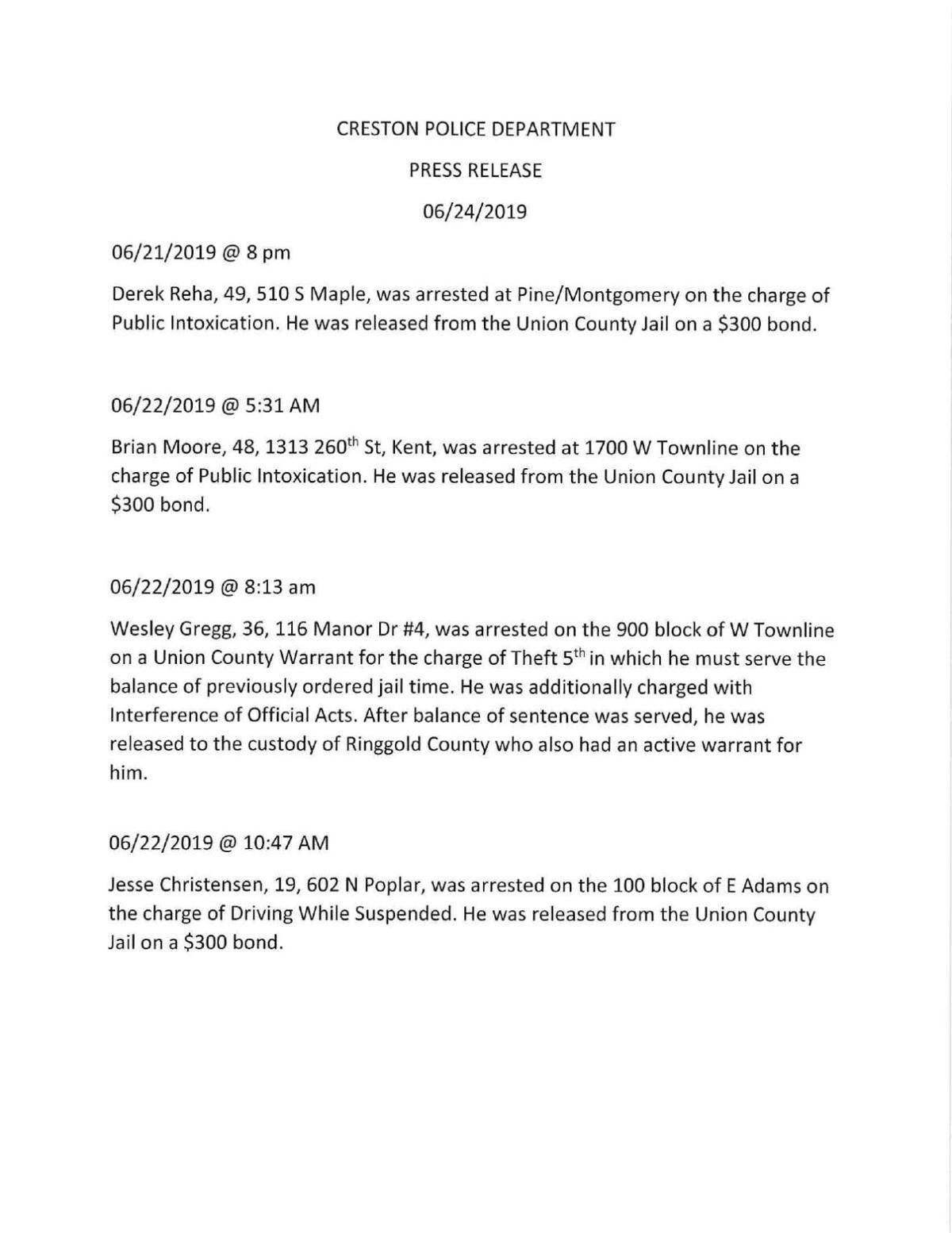 Creston Police Report I 6/24/2019