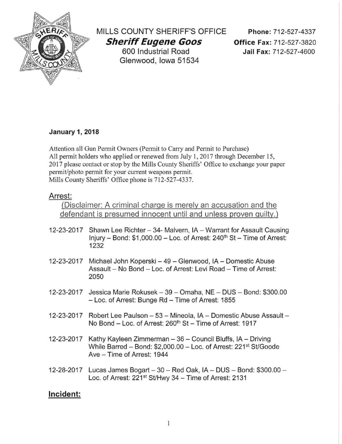 Mills County Sheriff's blotter News