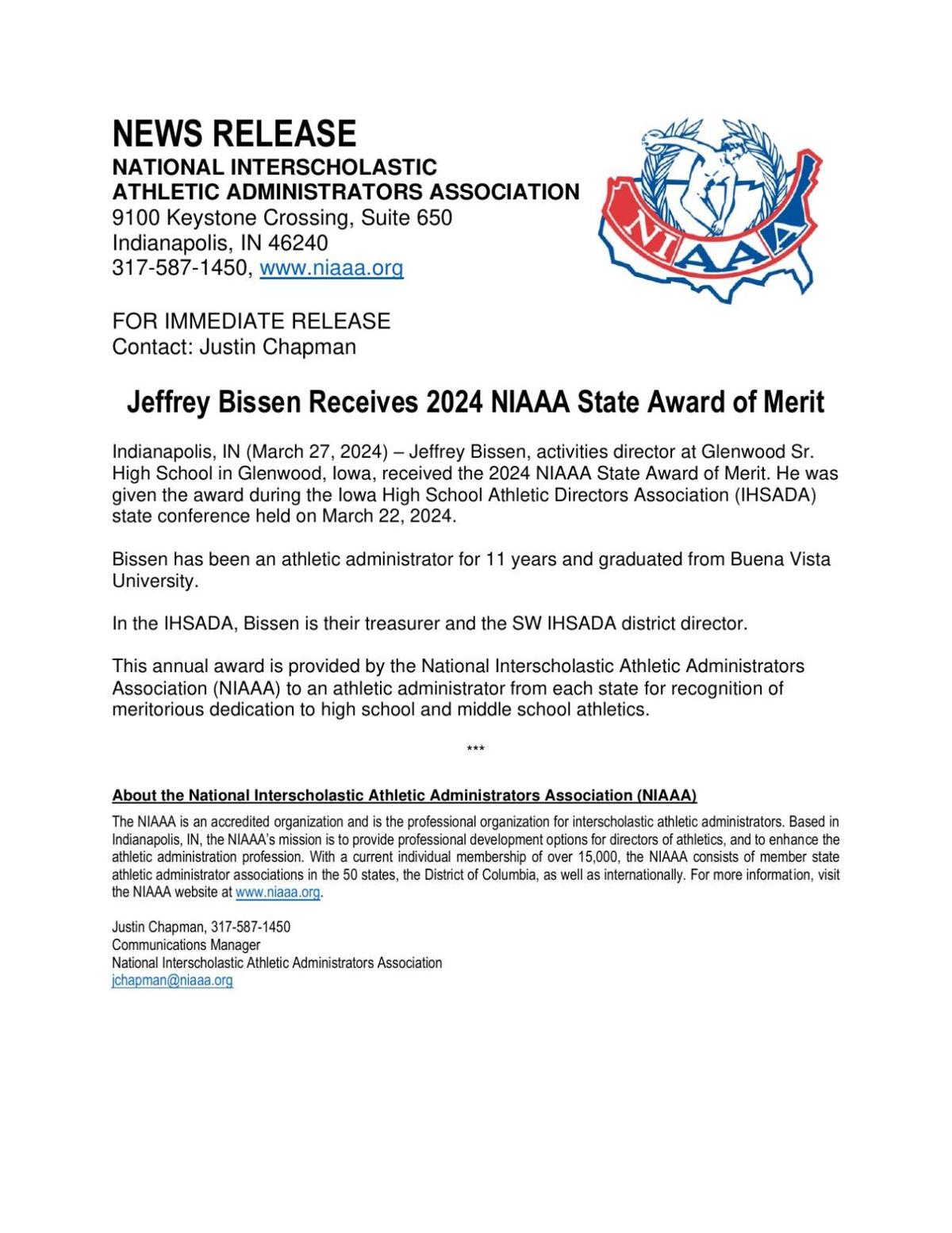 Glenwood's Bissen earns NIAAA State Award of Merit Sports