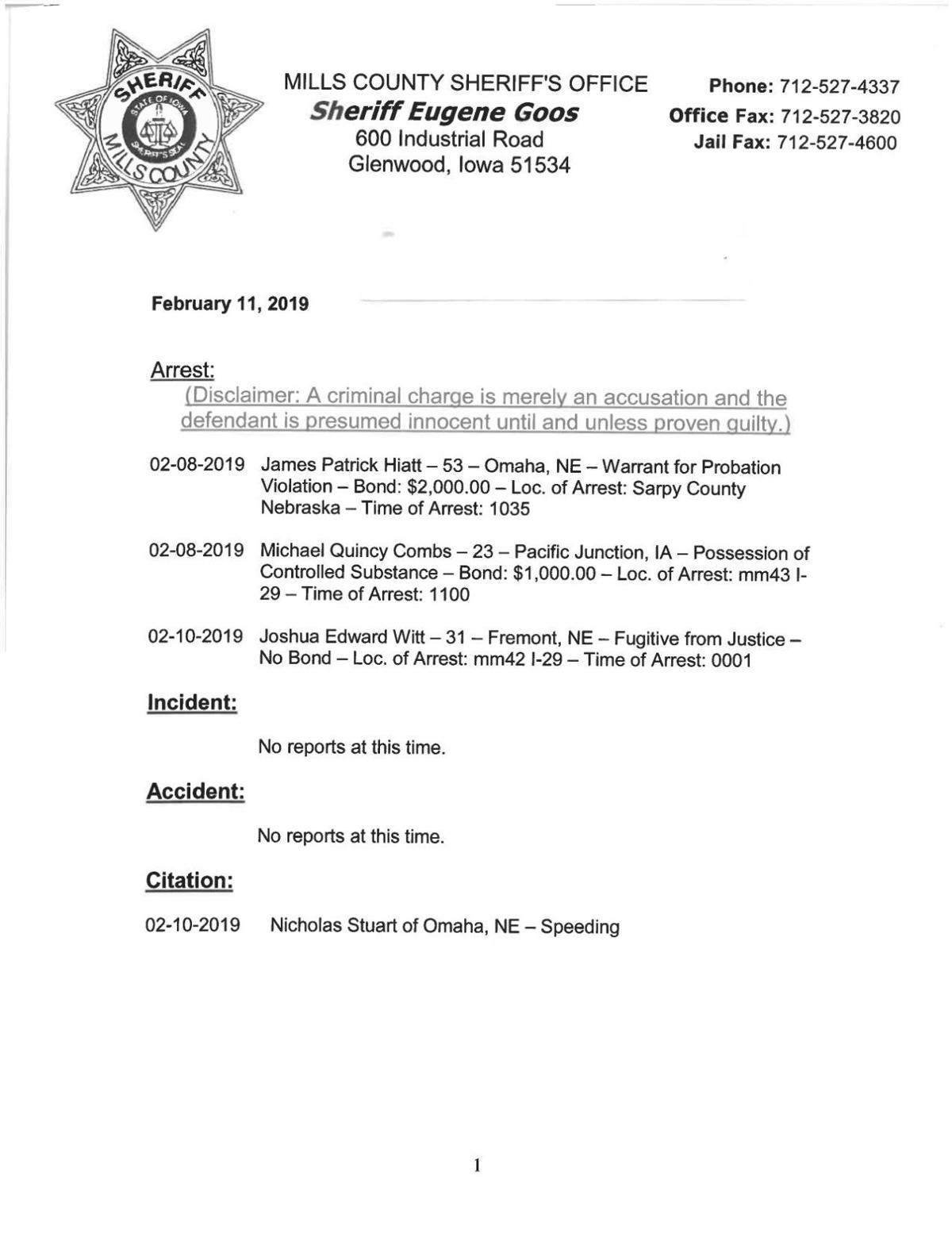 Mills County Sheriff's blotter News