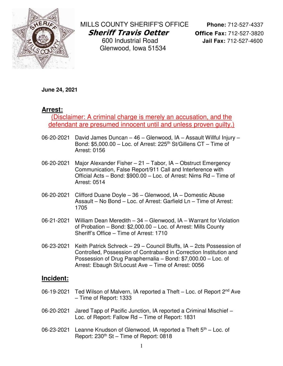 Mills County Sheriff's blotter News