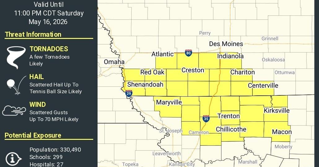 Tornado watch issued for parts of SW Iowa, NW Missouri until 11 p.m. Saturday