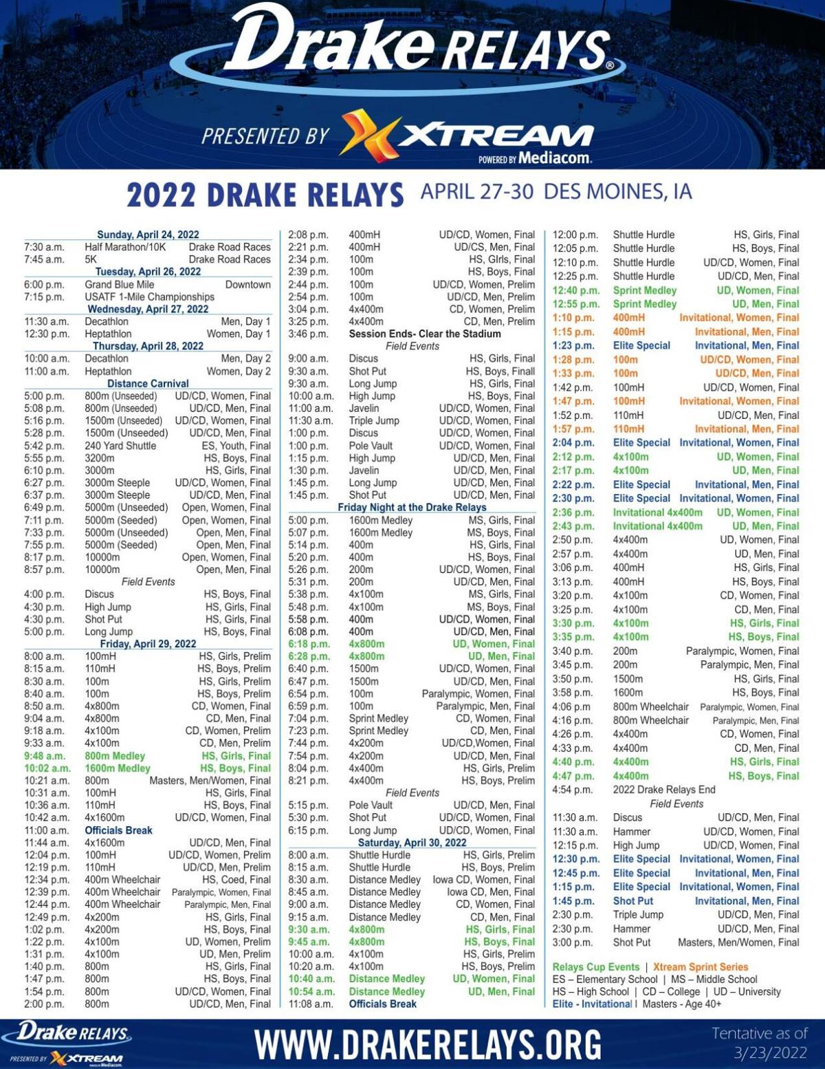 Schedule released for 112th Drake Relays Sports