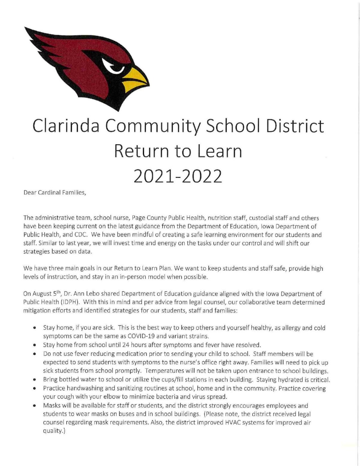 Clarinda School Return to Learn plan 2020-21