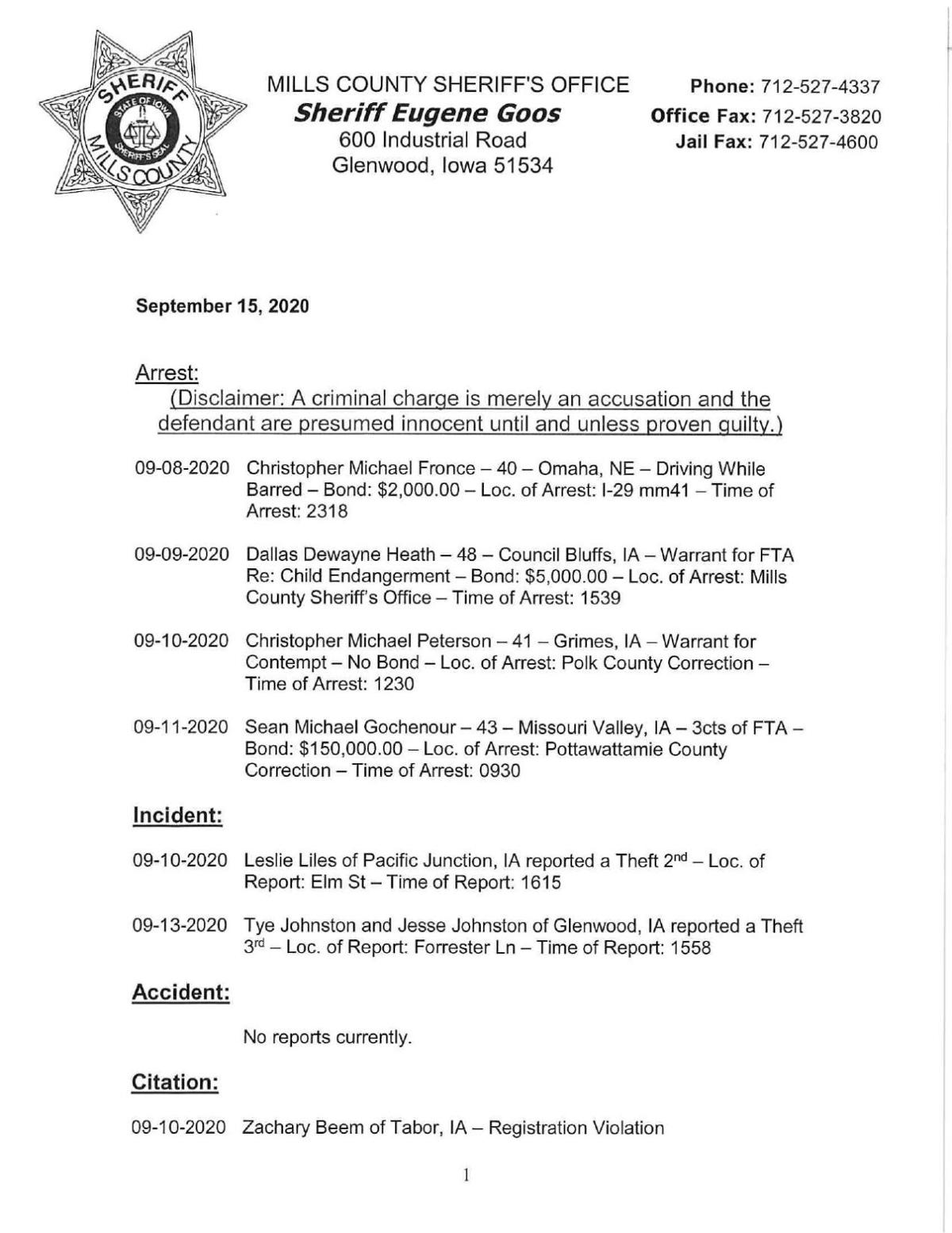 Mills County Sheriffs blotter News