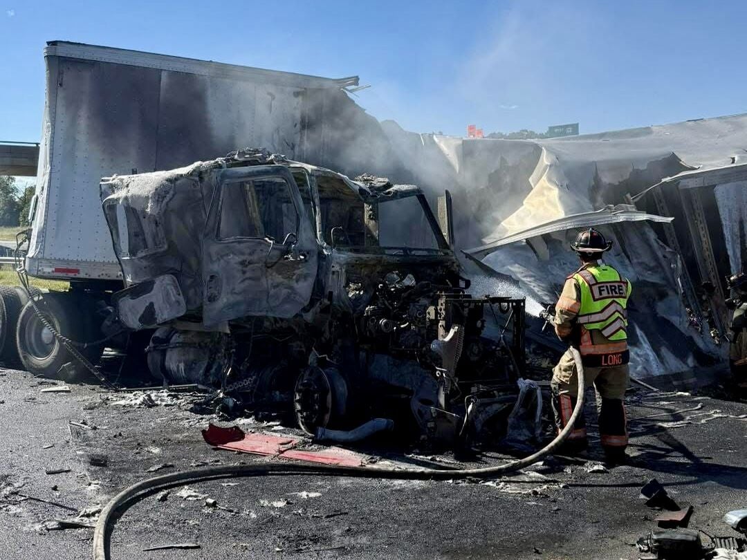 I-44 cross-median crash and burn involving three tractor trailers
