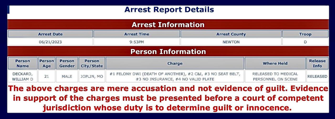 Joplin man arrested Felony DWI in River Road fatal crash; Car