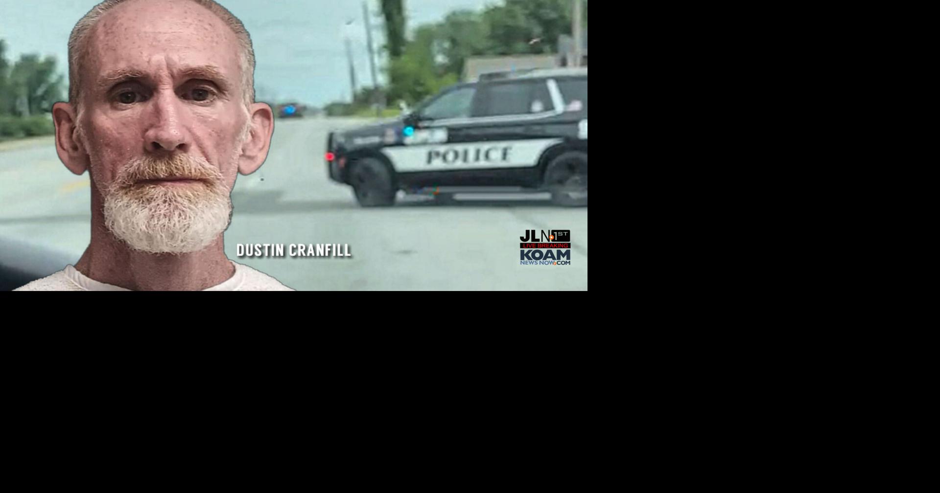 Dustin Cranfill, 53, mugshot, city of Joplin. Background police pursuit