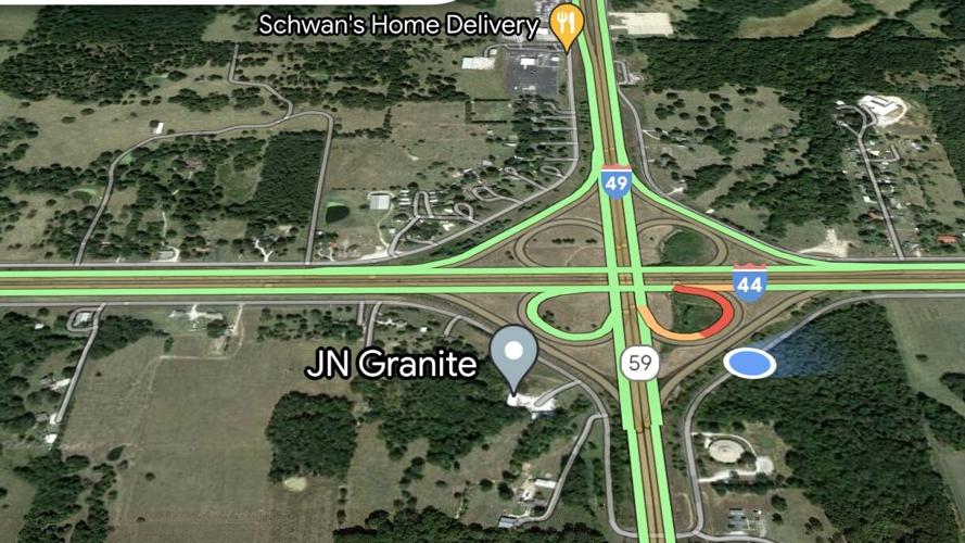 Fidelity cloverleaf, I-44 E to I-49 N, red marks crash area (Google Maps)