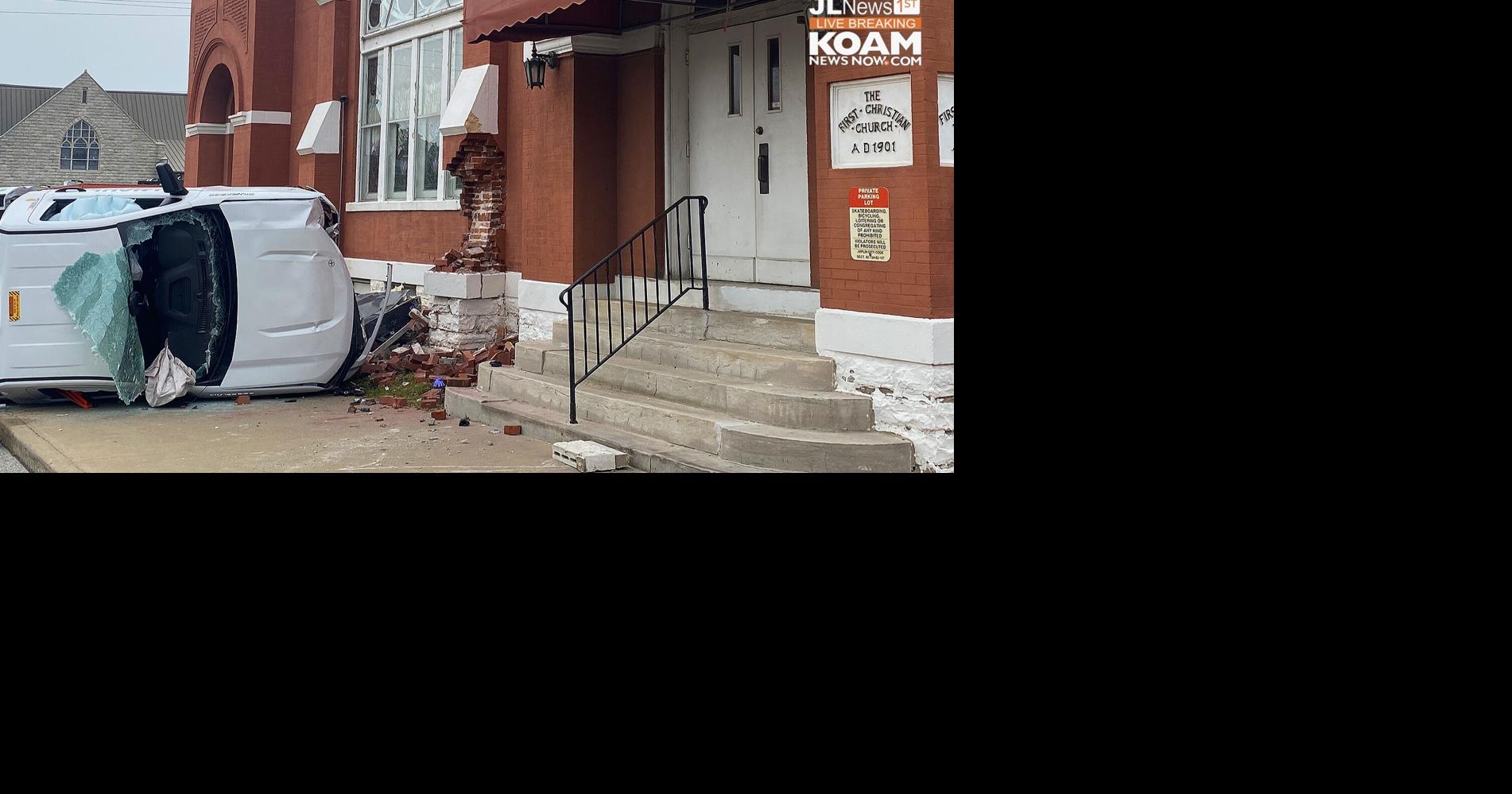 Pickup overturns, crashing into First Christian Church, Downtown Joplin Autoaccident