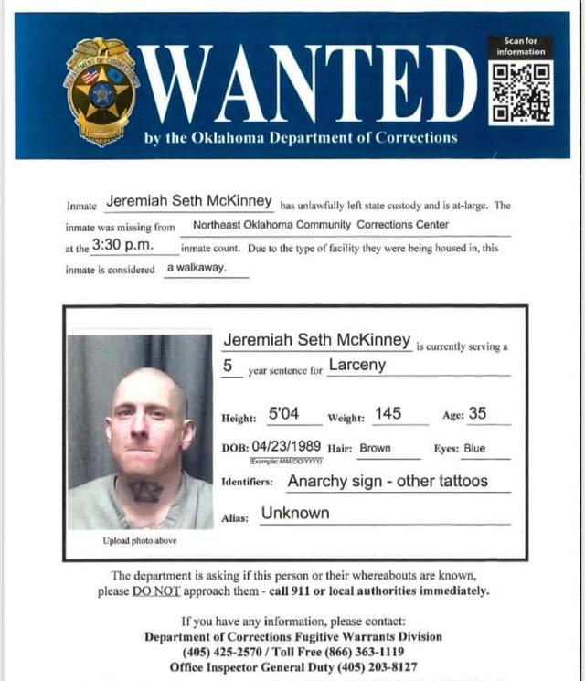 Inmate has escaped custody in Vinita at Northeast Oklahoma Correctional