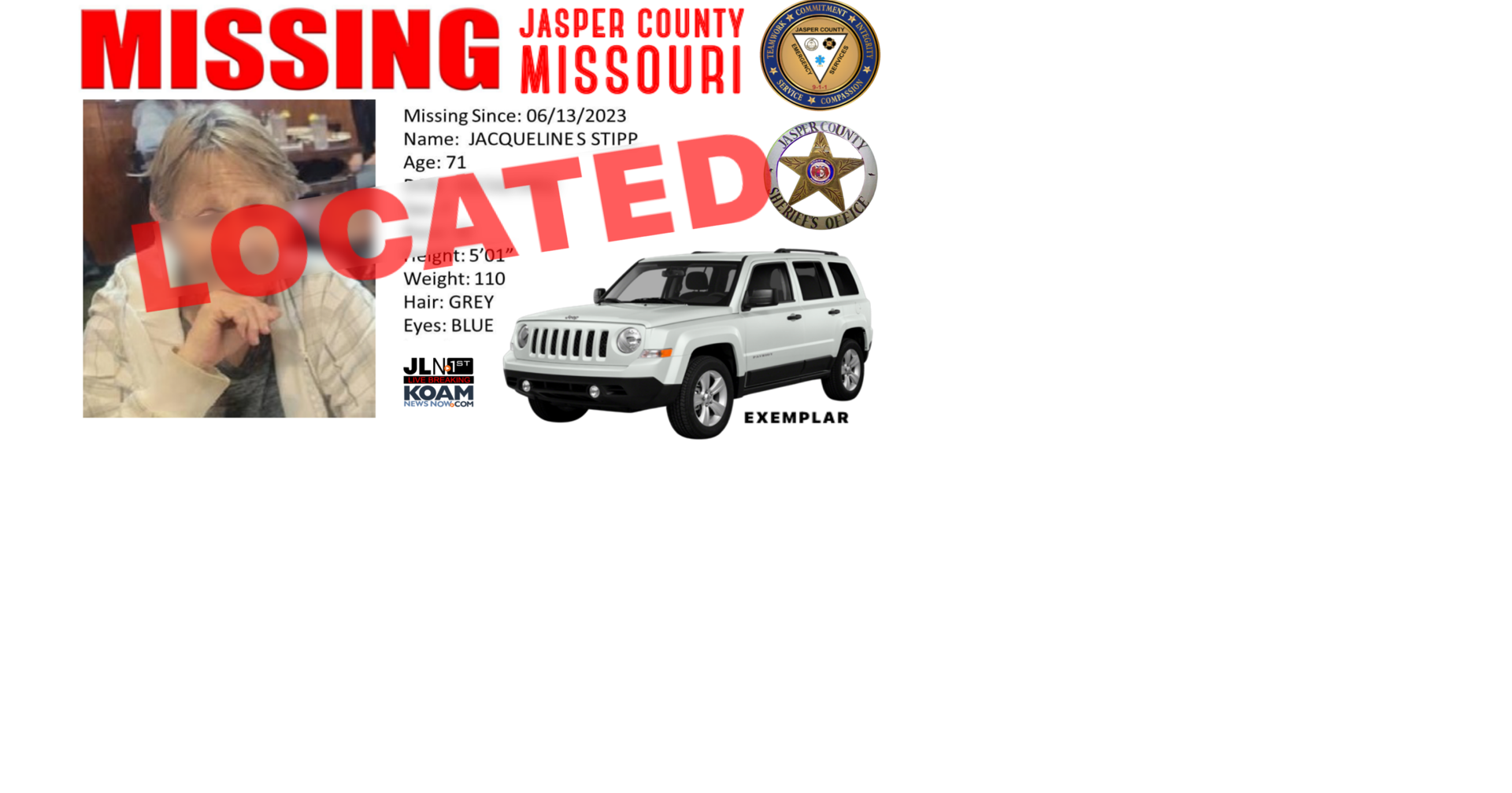 Woman Missing in Jasper County; Last Seen driving white Jeep Patriot