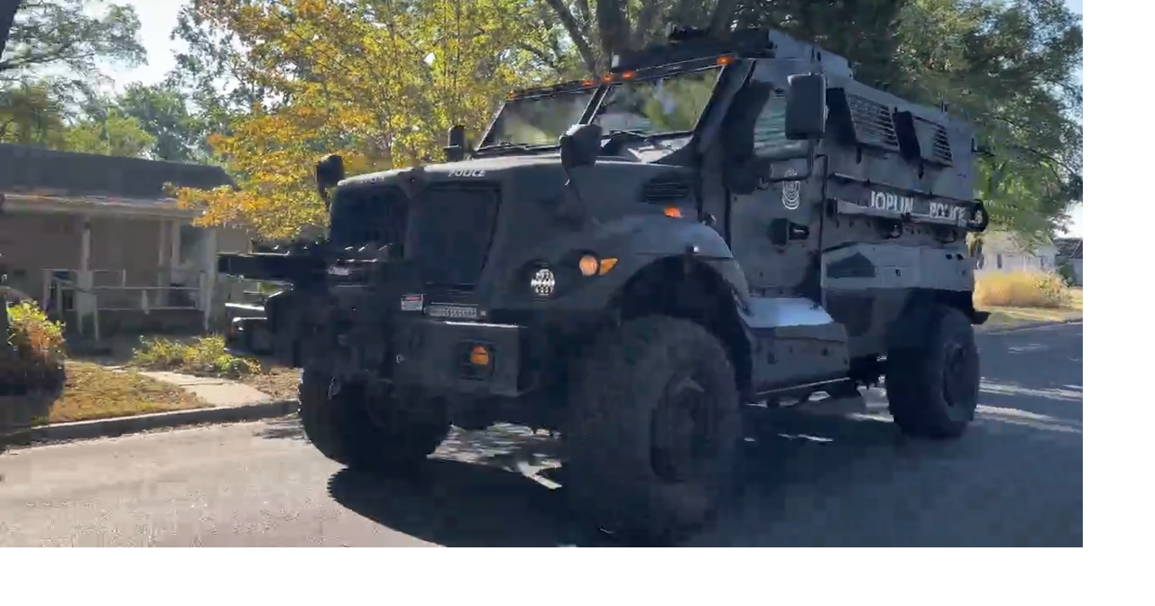 Joplin Police MRAP leaving 1132 South Wisconsin Ave. Joplin Police SWAT serve warrant in Campbell Parkway Neighborhood.