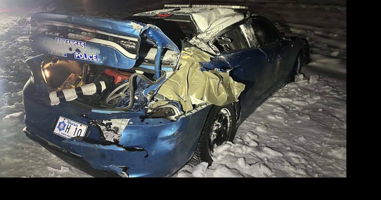 Semi rear-ends Arkansas State Trooper Patrol Unit on interstate