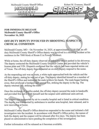 Off-duty McDonald County Deputy involved in shooting; Suspect critical ...