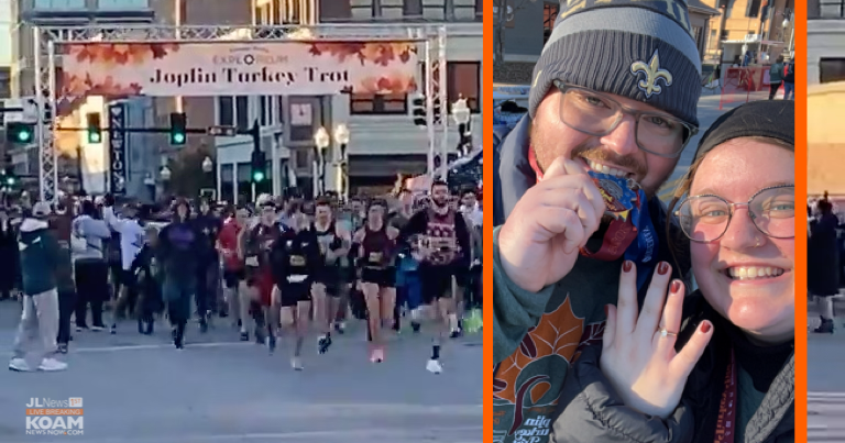 Turkey Trot 2025 Downtown Joplin, success for Schroeder Family Exploreum! Also success for newly engaged couple!