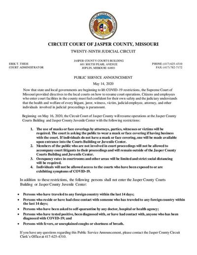 Jasper County Courts to resume in person operations Coronavirus
