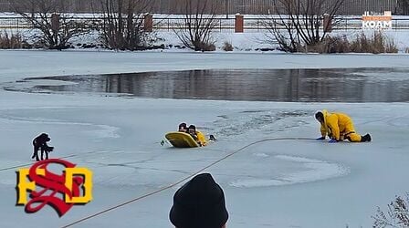 Woman and her dog fall through ice on pond, Water Rescue Team perform ...