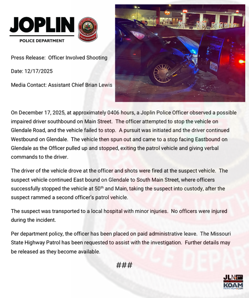 Man charged in Joplin Police pursuit that led to officer firing his ...