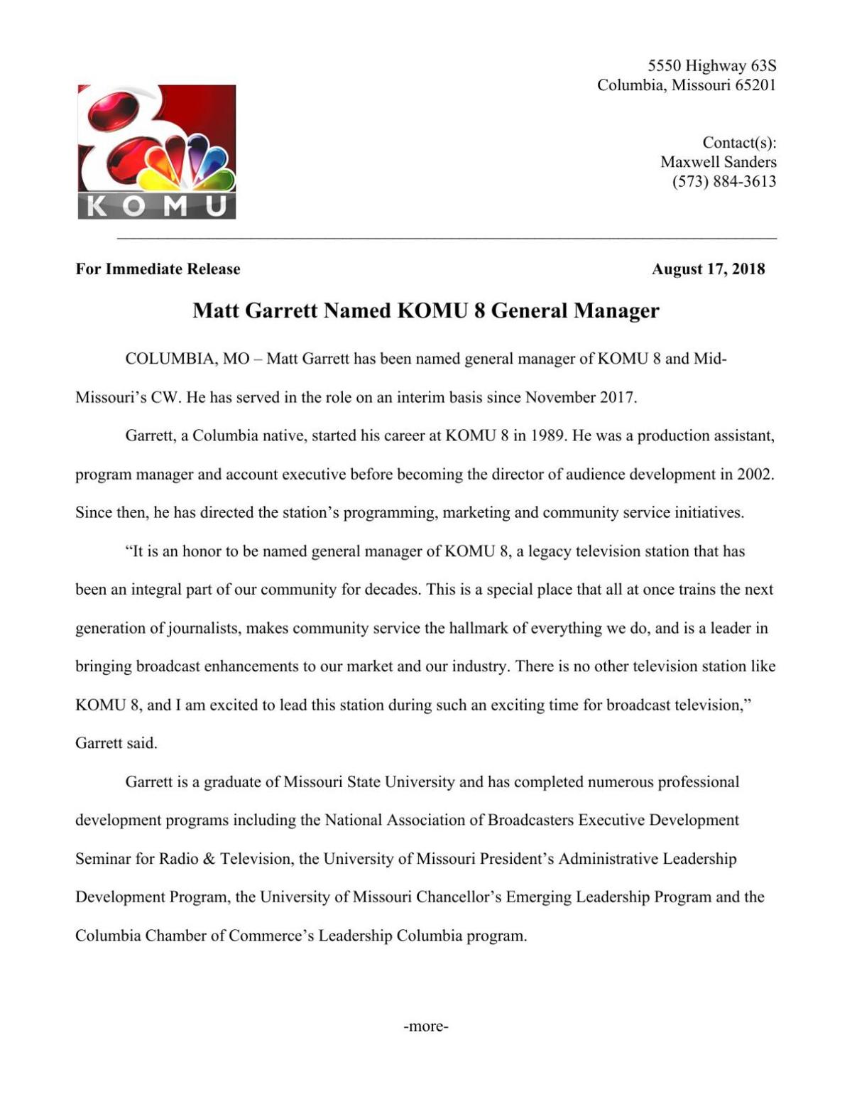 Matt Garrett Named KOMU 8 General Manager