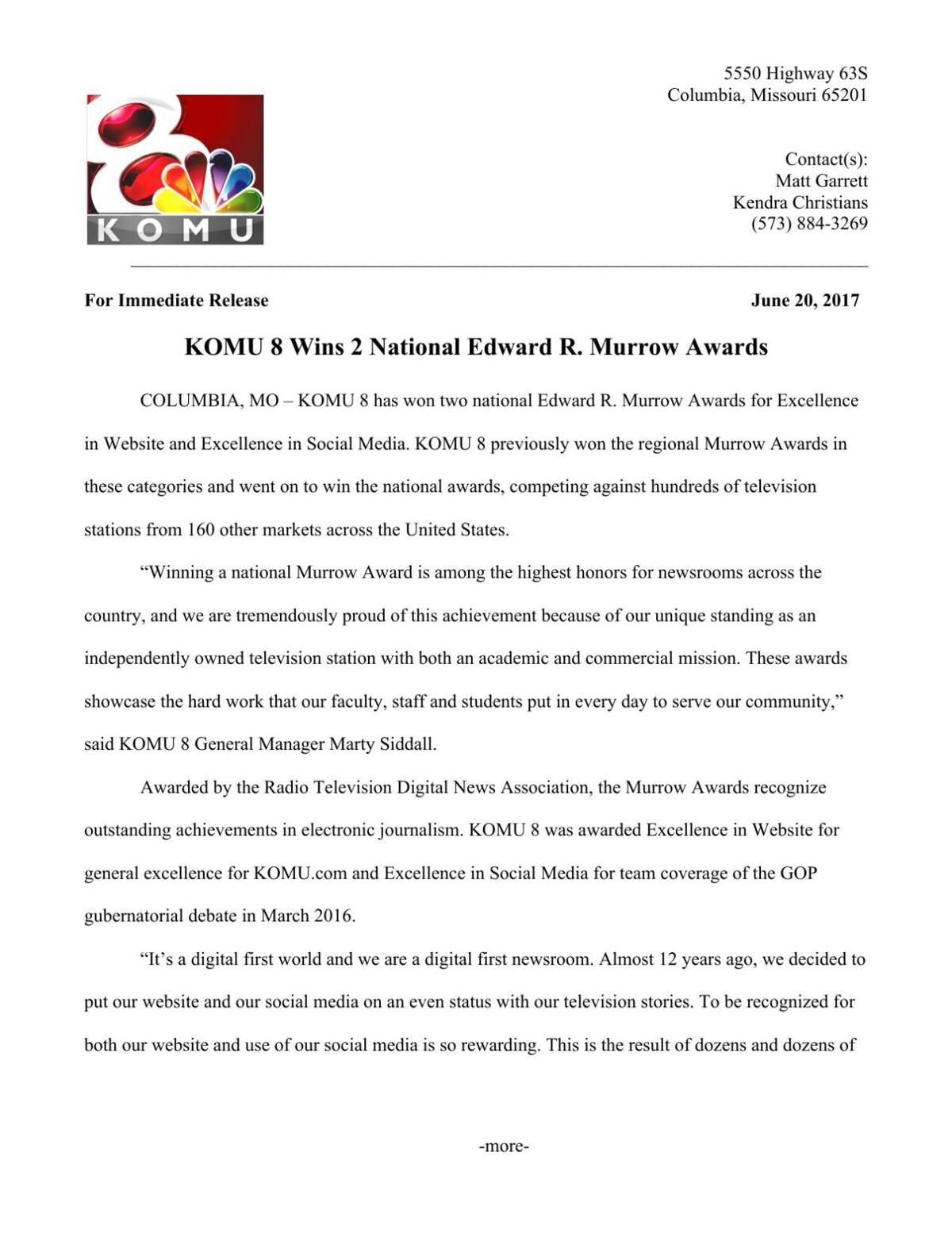 KOMU 8 2017 Edward R. Murrow Awards