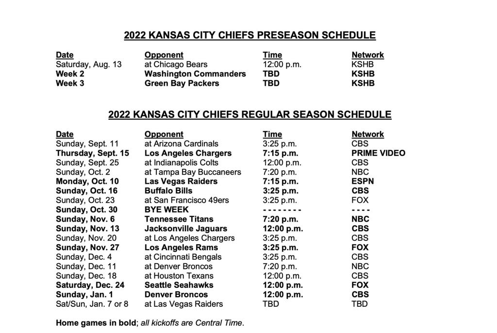 2022 season schedule for Chiefs revealed, several primetime