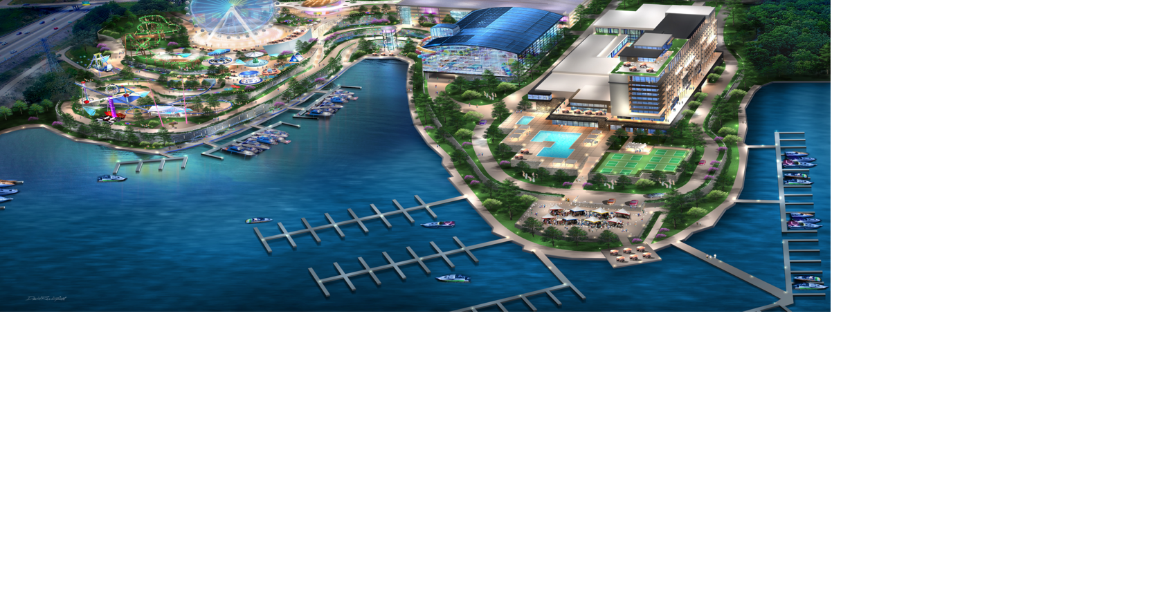 Rendering of new Osage Beach resort with fireworks, boat slips
