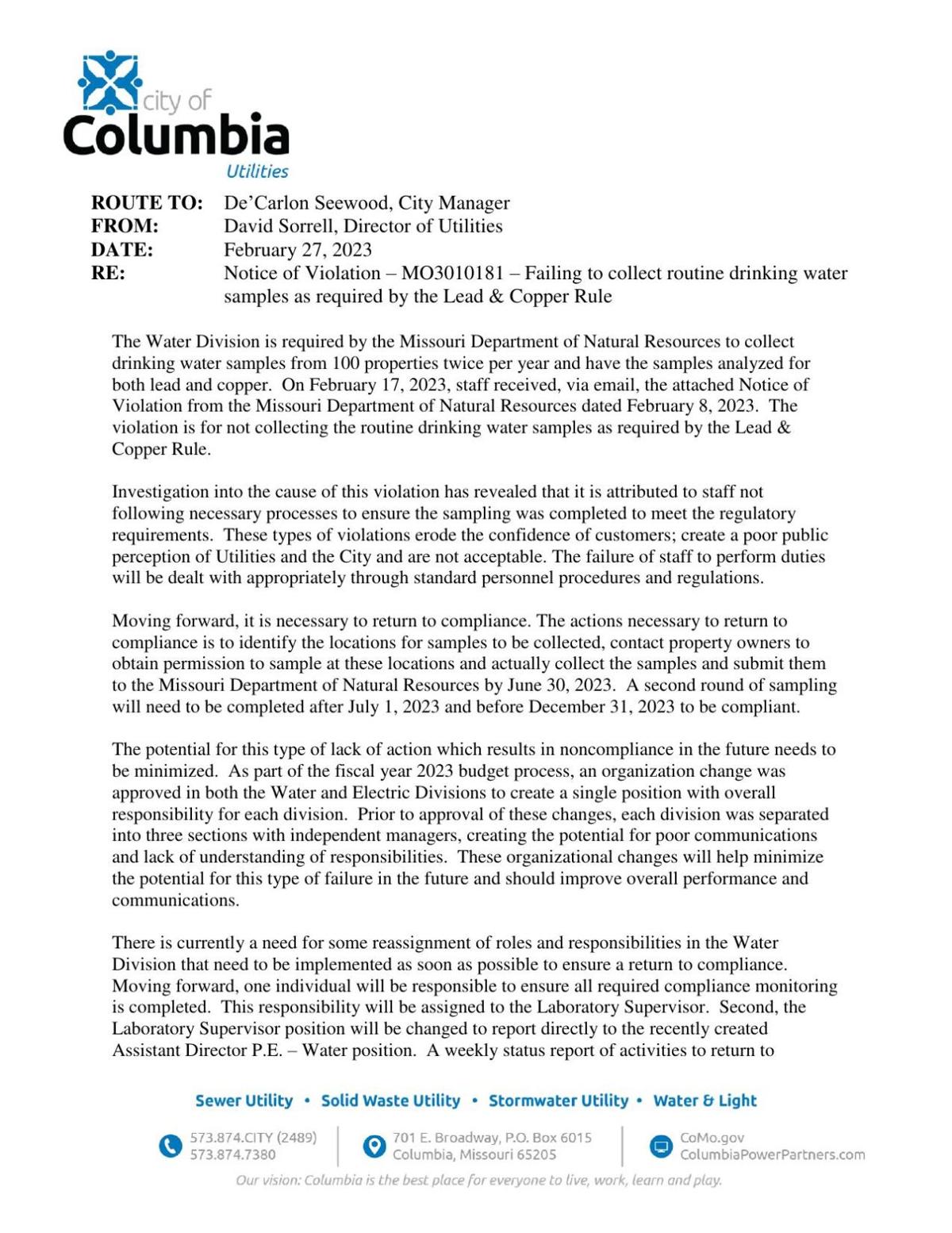 City Of Columbia Water Violation Memo Komu City of columbia water violation memo komu