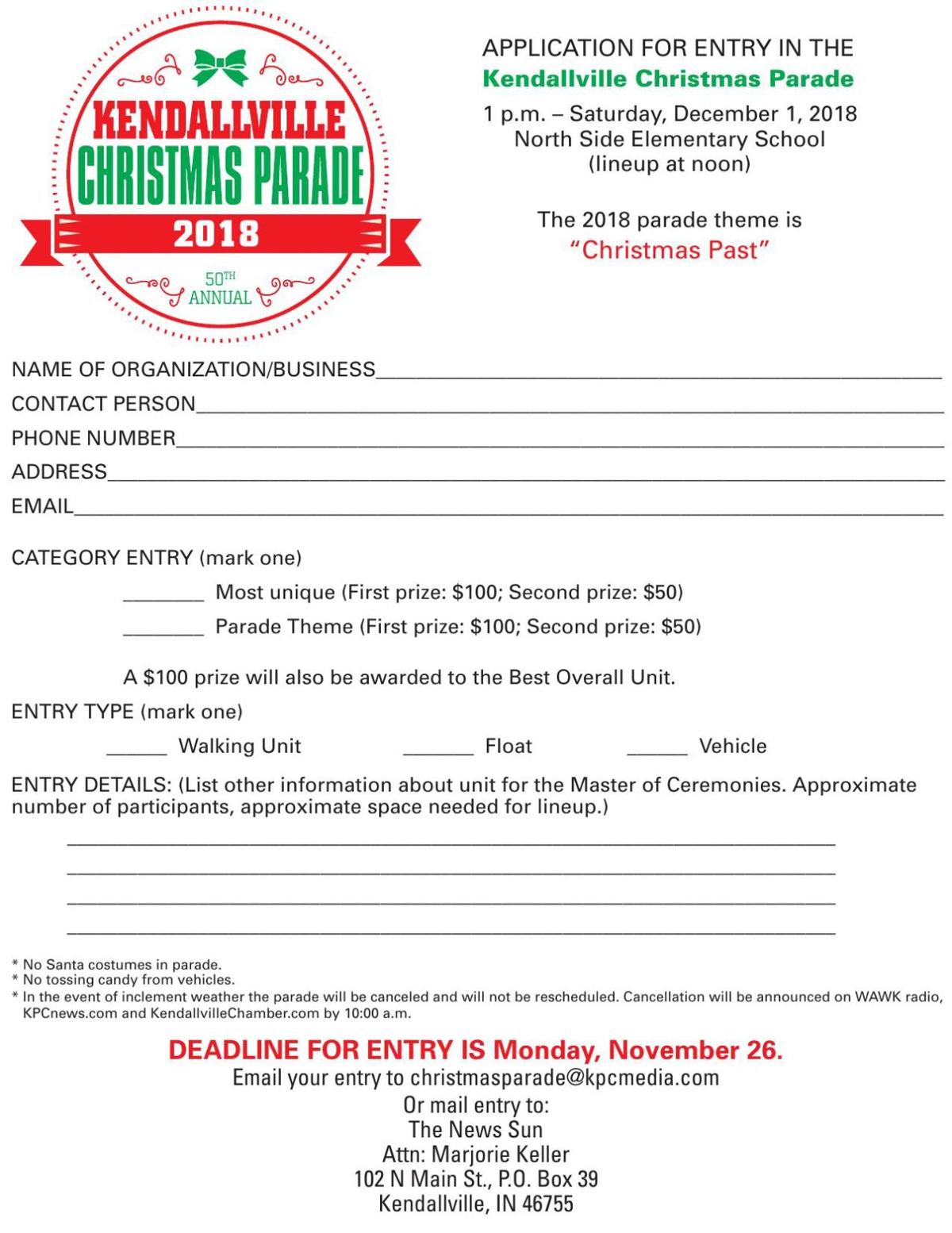 Kendallville Christmas parade application