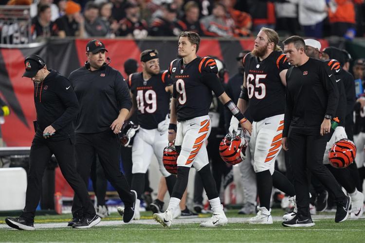 Joe Burrow of the Cincinnati Bengals looks on against the Buffalo