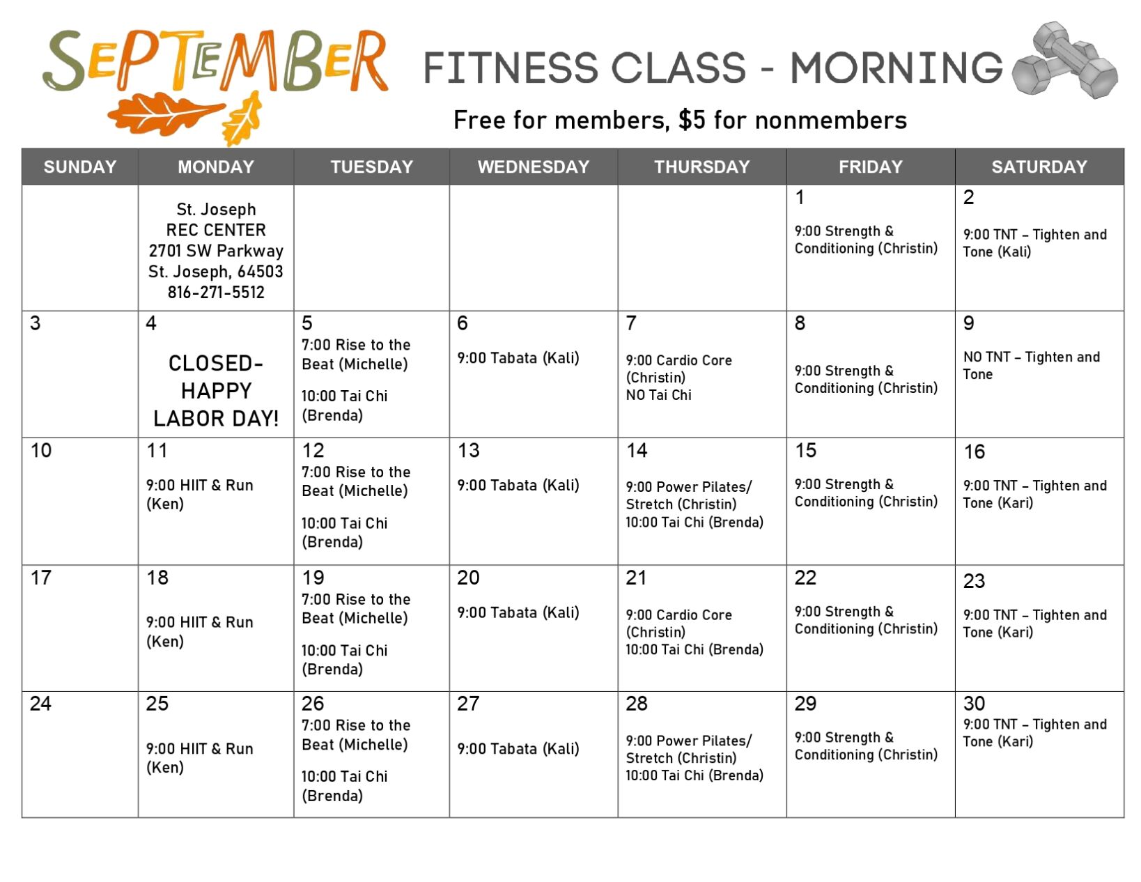 St. Joseph Rec Center September Fitness Activities Calendar | Local | kq2.com St. Joseph Rec Center September Fitness Activities Calendar | Local | kq2.com