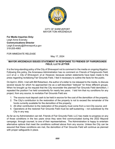 Mayor Arceneaux's letter to FFGF | | ktbs.com