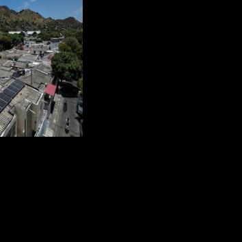 Aerial view of solar panels powering Hernan Sarmiento's grocery store in Santa Marta, Magdalena department, Colombia