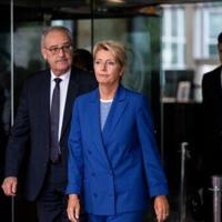 Swiss President Karin Keller-Sutter and Swiss Economy Minister Guy Parmelin depart after a meeting with US Secretary of State Marco Rubio in Washington
