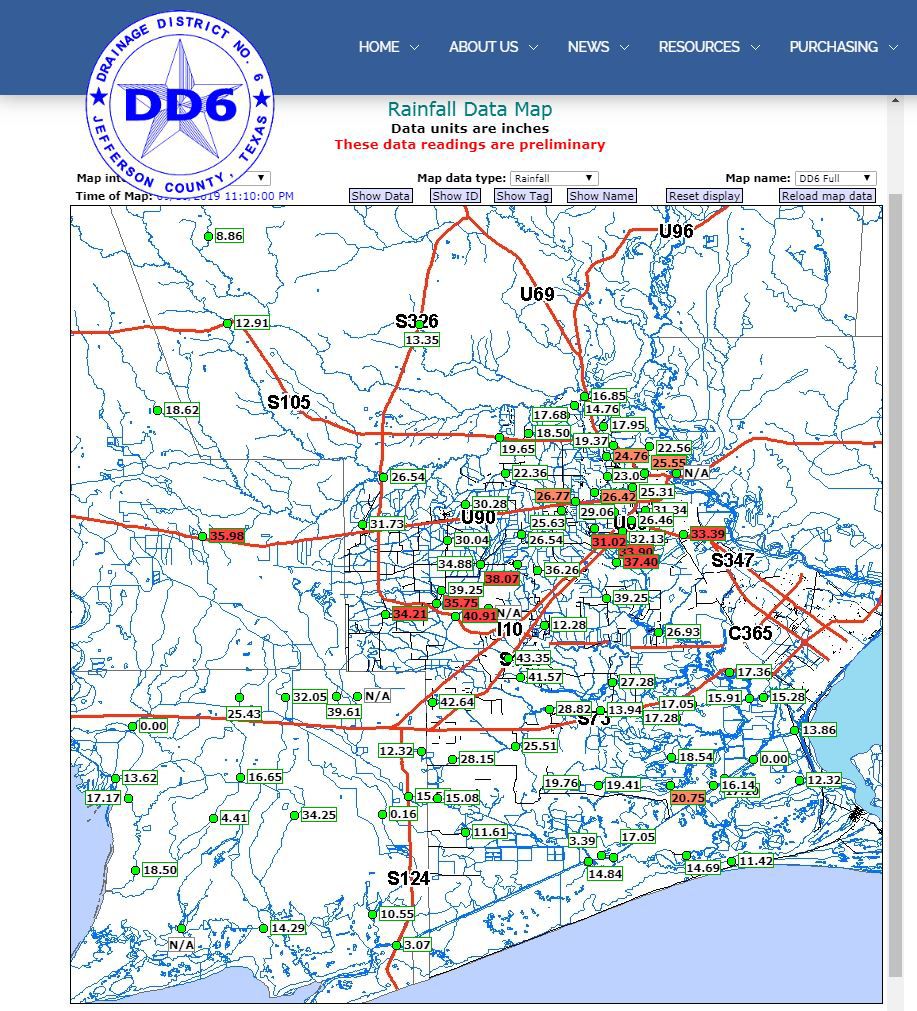 Beaumont Texas Rain Totals from the Jefferson County Drainage