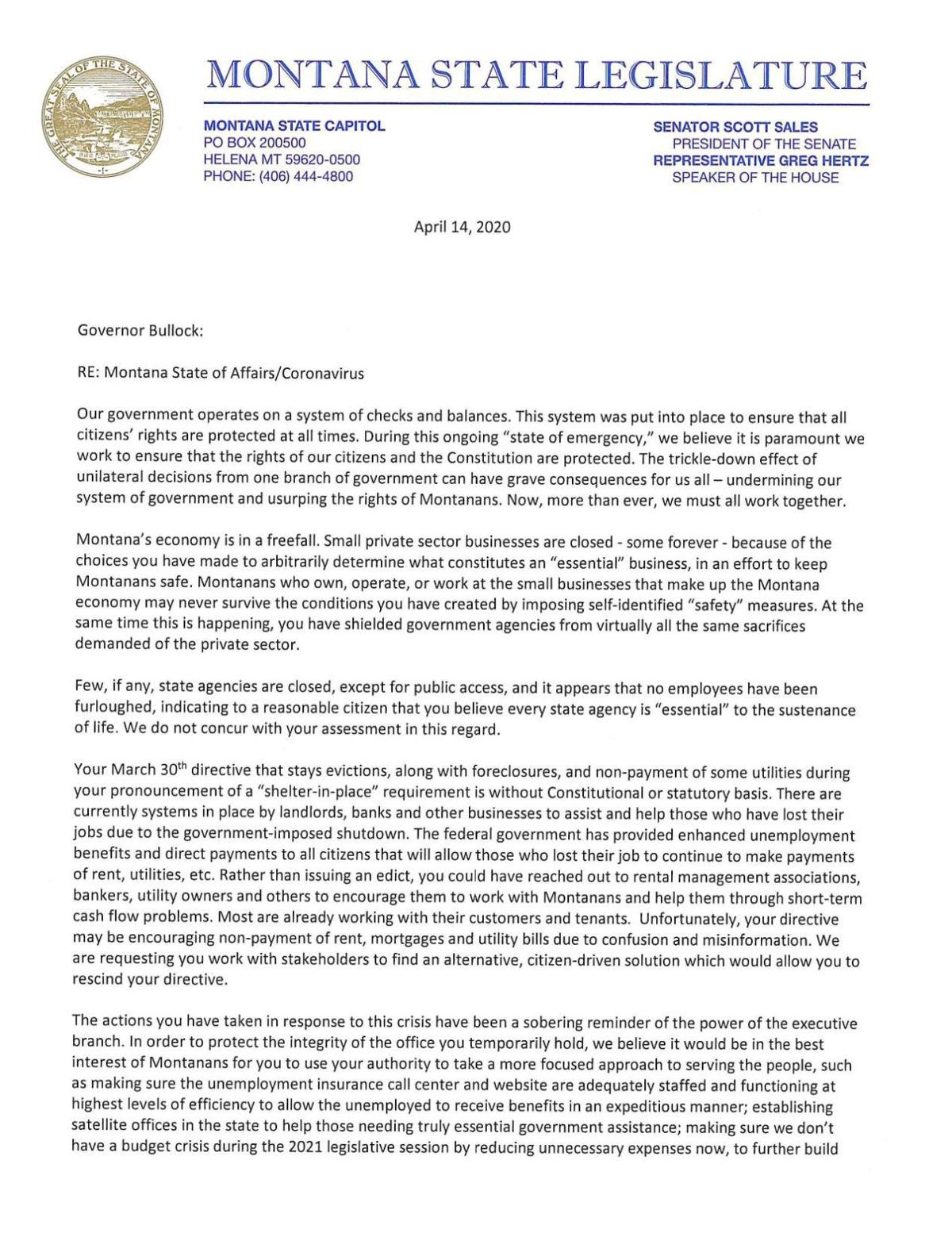 State legislators write letter to Bullock voicing concerns over COVID