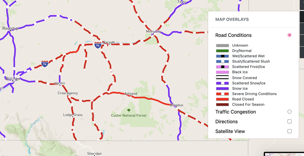 Montana Road Report Map Winter Weather Shutting Down Some Highways In Southeast Montana Wyoming News Kulr8 Com