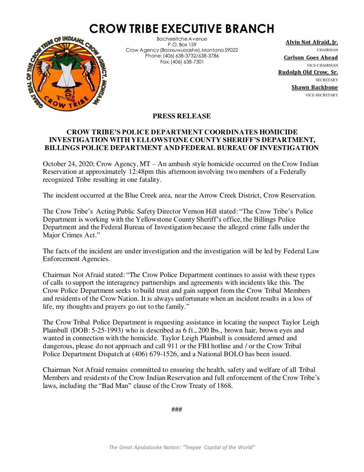 Crow Tribe Police Department press release