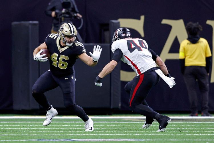 Atlanta Falcons linebacker Troy Andersen (44) works during the first half  of an NFL football game